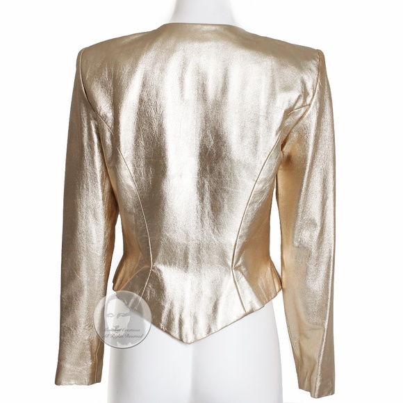 Vicky Tiel Couture Jacket Metallic Gold Leather Formal Evening Vintage Size 42 - Picture 7 of 8
